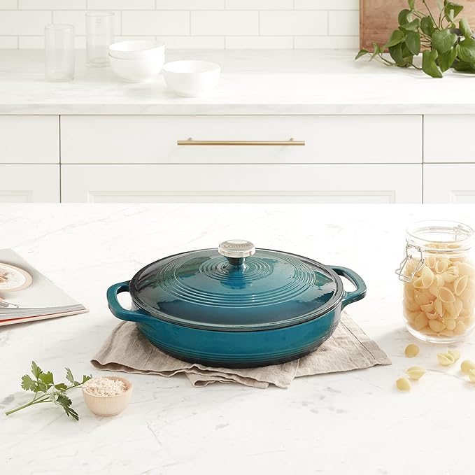Lodge Essential Enamel Braiser - Refrigerator- & Oven-Safe up to 500° F - Heat-Retaining, Induction-Safe & PFAS-Free Enamel Cookware - 3.5 Quart, Lagoon