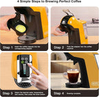 KOTLIE EM-308B Espresso Machine, Single Serve Coffee Maker Compatible with Multiple Capsule Types, Ground Coffee, and ESE Pods, 3 Temperatures, 7 Water Volume Levels, 34 Oz（Yellow）