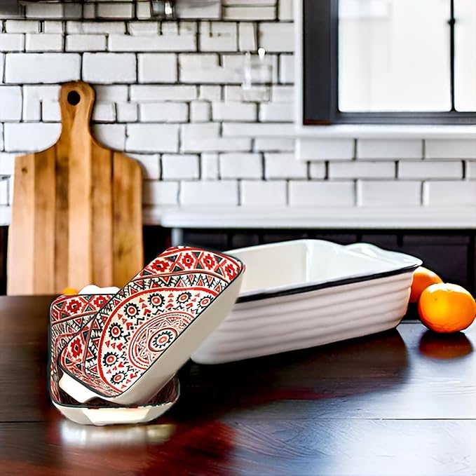 Au Gratin Baking Dish, Single Serving Dish Set of 2 with Handle, Ceramic Casserole Dish for Oven, Vintage Bohemian Bakeware for Fruit, Salads, Desserts, 8.8 Inch, Small Individual (Rectangular)