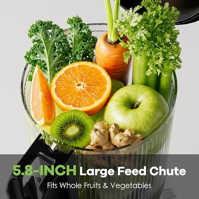 EanOruus Cold Press Juicer, 5.8" Wide Feed Chute Juice Extractor Machine with 400W, High Juice Yield, Slow Masticating Juicer for Whole Vegetables & Fruits, Silver