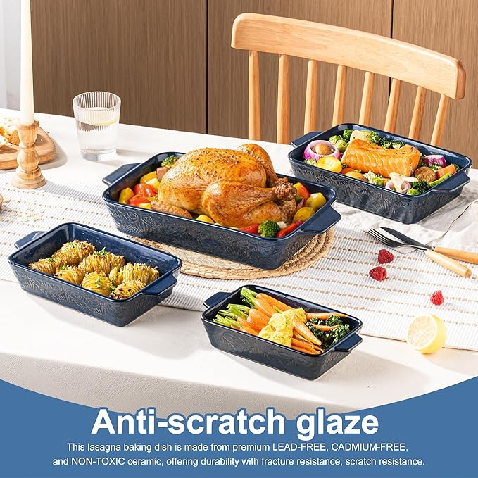 Dafuceramic Casserole Dishes for Oven, Baking Dishes, Ceramic Bakeware Sets of 4, Rectangular Baking Pan Set with Handles for Baking, Casserole, Kitchen, Wedding Gift (Blue)