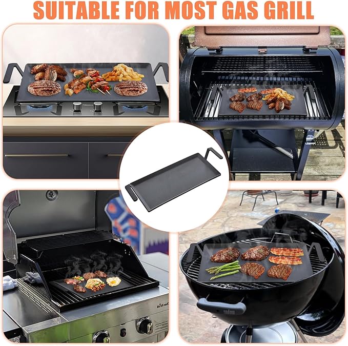 24'' Carbon Steel Griddle, Professional Pre-seasoned Cookware for Double Burner Stovetop and Gas/Charcoal Grill, Heavy Duty Dual-Handle Large Family Size Griddle