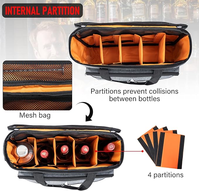 Bartender Bag, Bartender Kit Travel Bag for Cocktail Shaker Set, Portable Carrying Case with Compartments for Wine Bottles, for Travel Home Indoor Outdoor Party(Bag Without Tools)