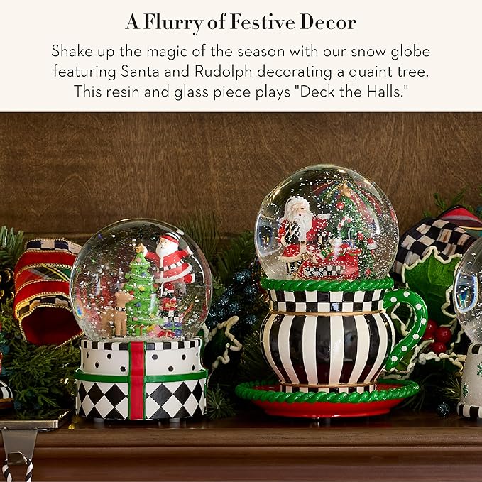MACKENZIE CHILDS Snow Globe, Christmas Decor for Living Room, Santa & Rudolph