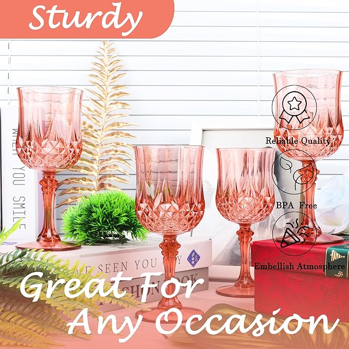 Plastic Wine Glasses, Plastic Goblets Vintage Style Cordial Unbreakable Drinking Glasses, Reusable Drinkware for Wedding Reception, Grand Event Party Supplies (12, Rose Gold)
