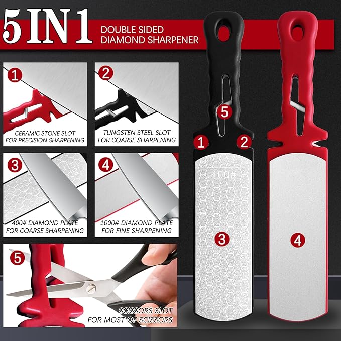 Diamond Sharpening Stone,400/1000 Grit Handheld Double-Sided Diamond Sharpener 5 in 1 Honeycomb Surface Knife Sharpener Plate Whetstone with Ceramic & Tungsten Steel Scissor Slot,Red