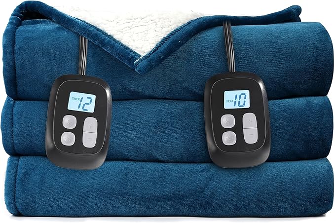 Electric Heated Blanket Queen Size - 84"x90", Soft Flannel Heating Blanket, 10 Heating Levels, 1-12 H Auto Shut Off, Dual Controllers, Breathable Warm and Washable for Bed, Lake Blue