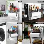 Paper Towel Holder Fridge Magnetic with Shelf - 2 Pack Paper Towel Holder Without Drilling + Magnet Spice Racks with 2 Kitchen Hanging Hooks Heavy Duty Space Saving, Black