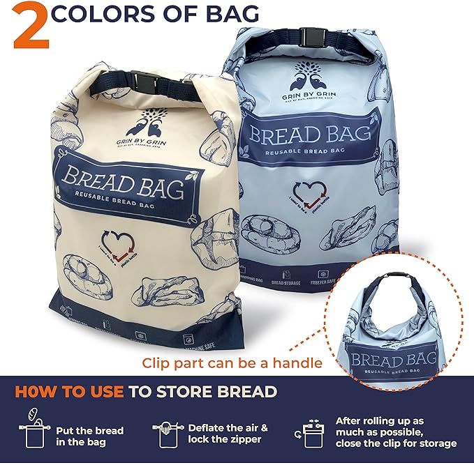 GRIN BY GRIN- 2 Packs Bread Bags, Zipper Reusable Bread Bags for Homemade Loaf, Freezer Sourdough Container, Fresh Keeping Extra Large, Reusable Food Storage Bag