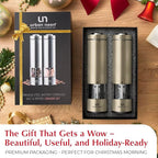 Electric Salt and Pepper Grinder Set - Battery Operated Stainless Steel Mill with Light (2 Mills) - Automatic One Handed Operation - Electronic Adjustable Shakers - Ceramic Grinders Champagne