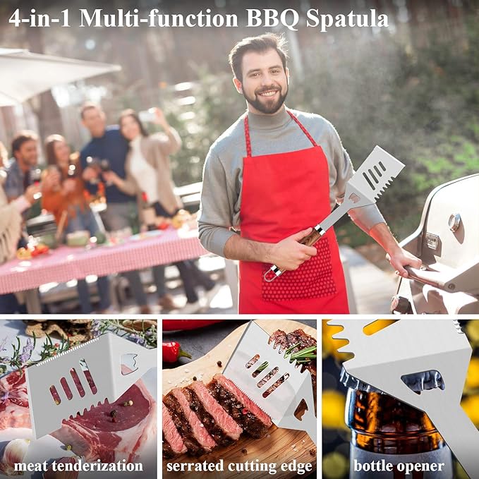 ROMANTICIST 25pcs Extra Thick BBQ Grill Accessories, Christmas Grilling Gifts Set for Men Dad, Heavy Duty Grill Tools Utensils Kit with Spatula, Tongs in Aluminum Case for Birthday Brown