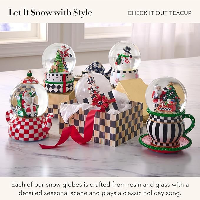 MACKENZIE CHILDS Snow Globe, Christmas Decor for Living Room, Check It Out Teacup
