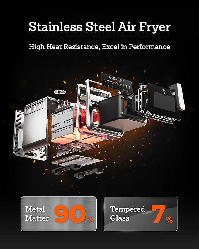 Stainless Steel Air Fryer 6 Qt, Ceramic glaze Air Fryer, Stainless Steel Housing& Full Metal Inner Pot, PTFE and PFAS Free, 9 Digital One-Touch Cook Functions,120°F~450°F, 1700W