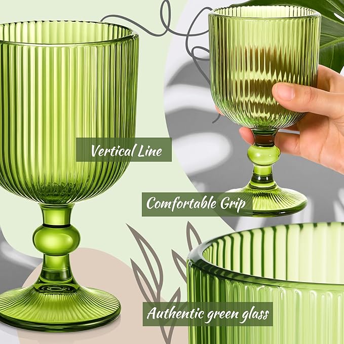 Reallnaive Green Glass Goblets Set of 8, 13 oz Vintage Goblet Glassware Decorative Wine Glasses, Cute Water Drinking Cups, Vertical Line Embossed Pattern Drinkware Cocktail Set for Xmas Gifts