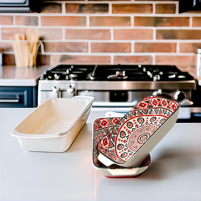 Au Gratin Baking Dish, Single Serving Dish Set of 2 with Handle, Ceramic Casserole Dish for Oven, Vintage Bohemian Bakeware for Fruit, Salads, Desserts, 8.8 Inch, Small Individual (Rectangular)