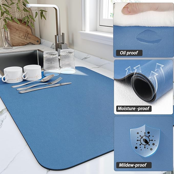 HotLive Dish Drying Mat for Kitchen Counter, Heat Resistant Drainer Mats with Non-slip Rubber Backed, Hide Stain Kitchen Super Absorbent Draining Mat, Easy to Clean Dish Rack Pad, Blue 16"x20"