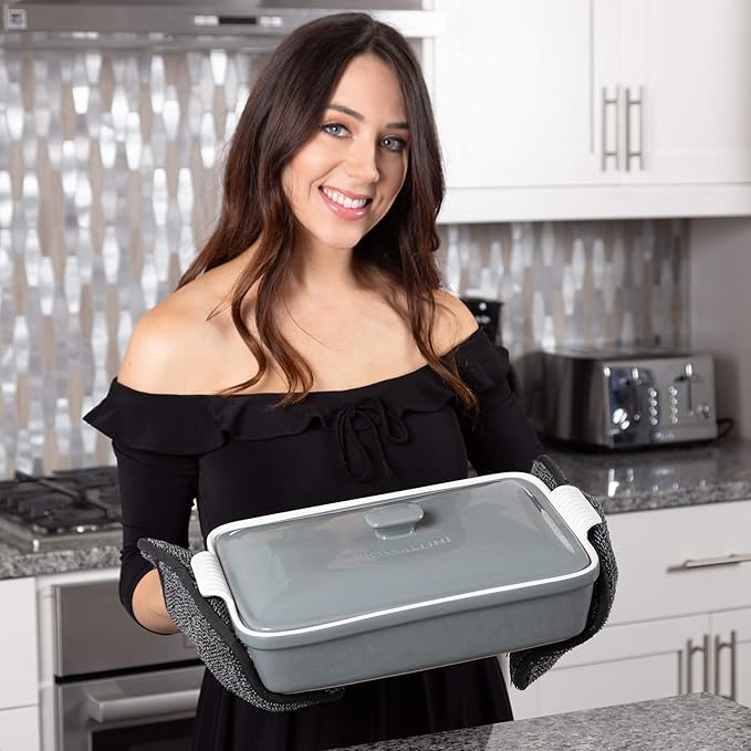 ROSSALLINI Stoneware Casserole Dish Bakeware Set with Lid, Covered Rectangular Dinnerware, Extra Large 4.23 Quart, 13 by 9 Inch, Grigio [Grey]