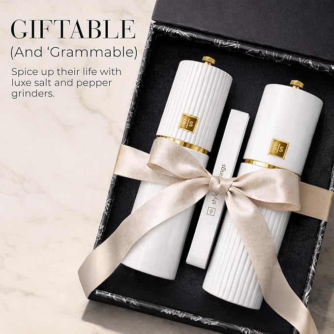 Wooden Salt and Pepper Grinder Set – Refillable Manual Salt and Pepper Mills with Adjustable Ceramic Burrs, Gold Detailing, and Wood Stand – White