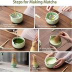 Buucup Matcha Whisk Set, Ceramic Matcha Kit Set Includes Matcha Bowl, Matcha Whisk and Holder, Bamboo Scoop, Scoop Rest, Sifter and Tea Towel - 7 Pcs Matcha Kit for Matcha Lovers (Green)
