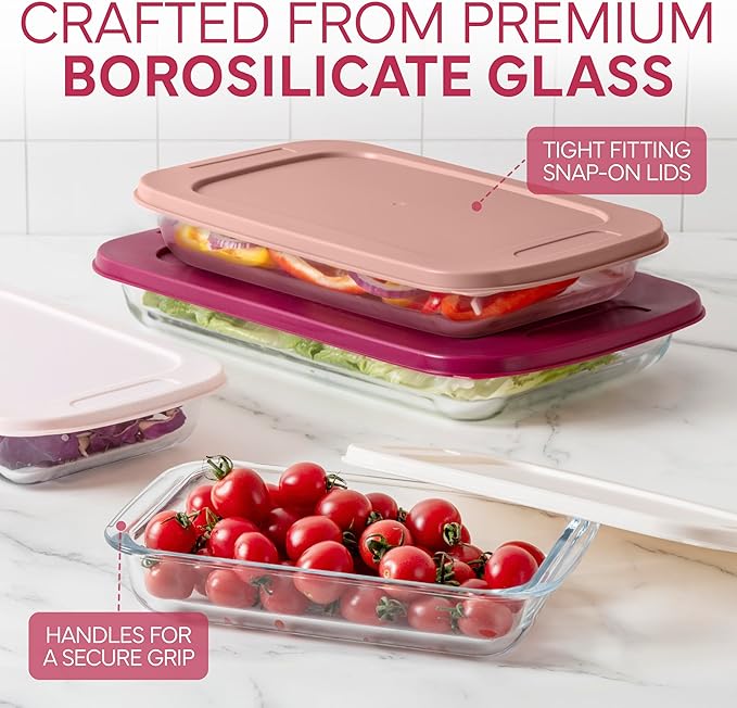 COOK WITH COLOR 8-Piece Deep Glass Baking Dish Set with Plastic Lids – Casserole and Food Storage Containers for Lasagna, Leftovers – Freezer-to-Oven, Microwave & Dishwasher Safe, Rose