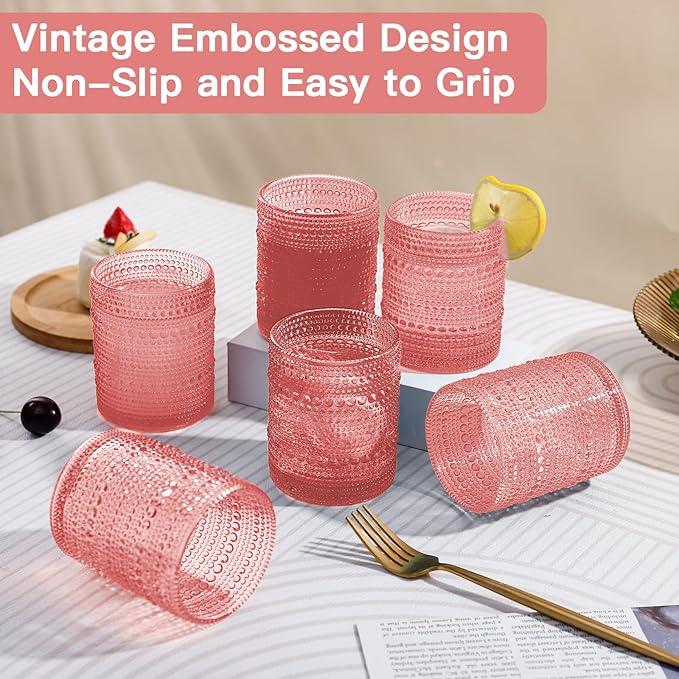 JOVGANK Pink Vintage Hobnail Drinking Glasses Set of 6, Embossed Water Tumbler 12oz, Kitchen & Bar Beaded Glass Cups, Beverage Glass Cups for Water, Beer, Juice, Housewarming and Mother's Day Gift