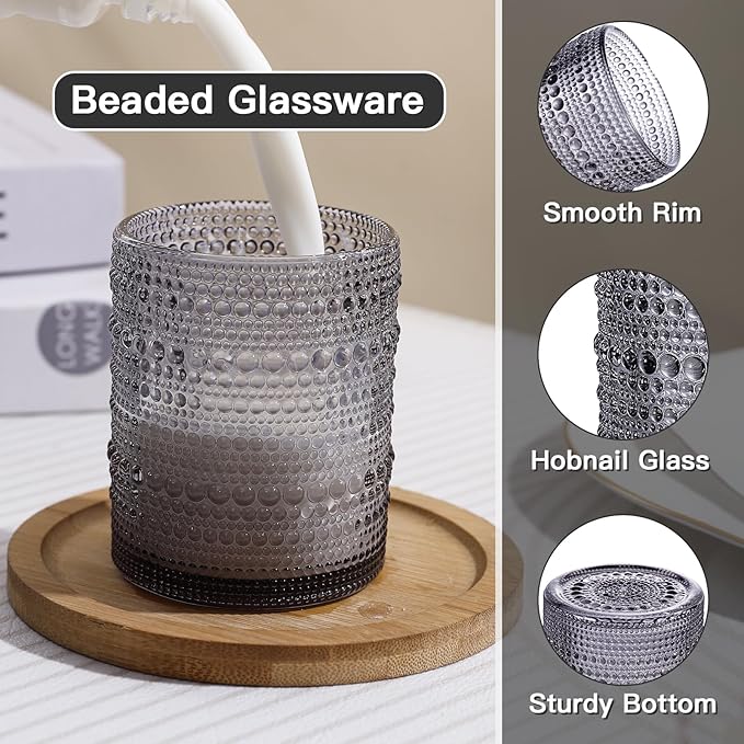 JOVGANK Grey Vintage Hobnail Drinking Glasses Set of 6, Embossed Water Tumbler 12oz, Kitchen & Bar Beaded Glass Cups, Beverage Glass Cups for Water, Beer, Juice, Housewarming and Mother's Day Gift