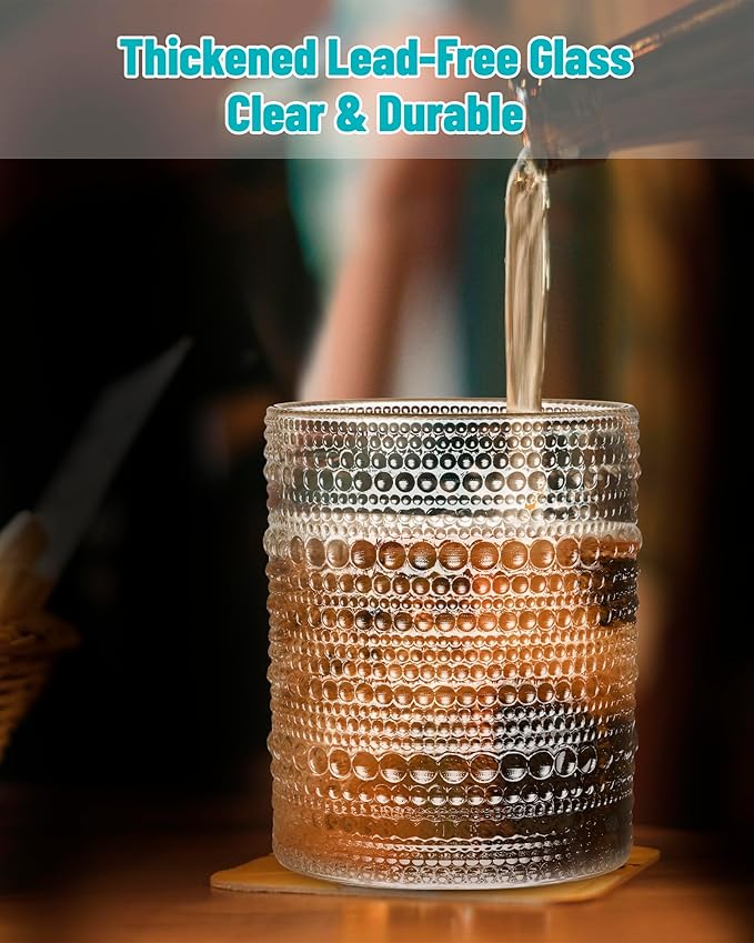 Vintage Dot-Pattern Drinking Glasses Set of 6 – 14.5 oz Clear Short Glass Cups – Embossed Textured Glassware with Anti-Slip Grip, Water Juice Soda Cocktail Tumblers – Thick Glass, Dishwasher Safe