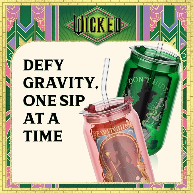 Dragon Glassware x Wicked 16 oz Drinking Glasses Set of 2 - Glass Cups with Lids and Straws - Iced Coffee Cups with Lids - Reusable Glass Tumbler with Straw and Lid - Enchanted