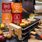 Raclette Table Grill, CUSIMAX Electric Indoor Grill, Korean BBQ Grill with Removable 2 in 1 Non-Stick Grill Plate, 8 Cheese Pans & Wooden Spatulas, Ideal for Parties, Wooden Base New Model