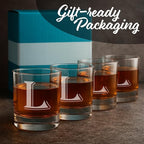 On The Rox (L-Monogram)- 4 Piece Set of 11 Ounce Engraved Heavy Base Rocks Glasses Elegant Glass-Multi-Purpose Beverage-Rocks Glass- Gift for any Occasion