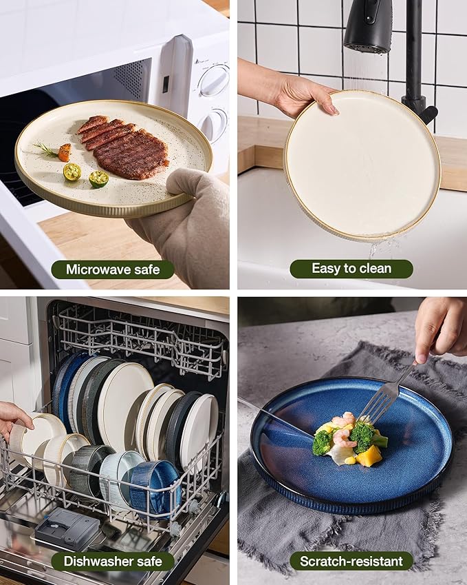 Famiware Star 24-Piece Stoneware Dinnerware Set with Trim, Service for 6 - Shallow Pasta Bowls & Flat Plates, Dishes for Everyday & Formal Use, Chip/Scratch Resistant, Microwave/Dishwasher Safe, White