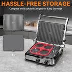 Baker's Friend 4-slice Panini Press Grill Cheese Sandwich Maker, Electric Grill Indoor with Temperature Setting, Opens 180 Degrees, Dual Non-stick Surfaces, 4-circle Silicone Mold, Reversible Plates