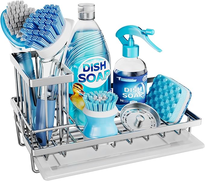 Consumest Sink Caddy, Kitchen Sponge Holder with Dish Brush Holder, Kitchen Sink Organizer with Drip Tray for Countertop Stainless Steel Rustproof, Silver-Large