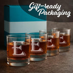 On The Rox (E-Monogram)- 4 Piece Set of 11 Ounce Engraved Heavy Base Rocks Glasses Elegant Glass-Multi-Purpose Beverage-Rocks Glass- Gift for any Occasion