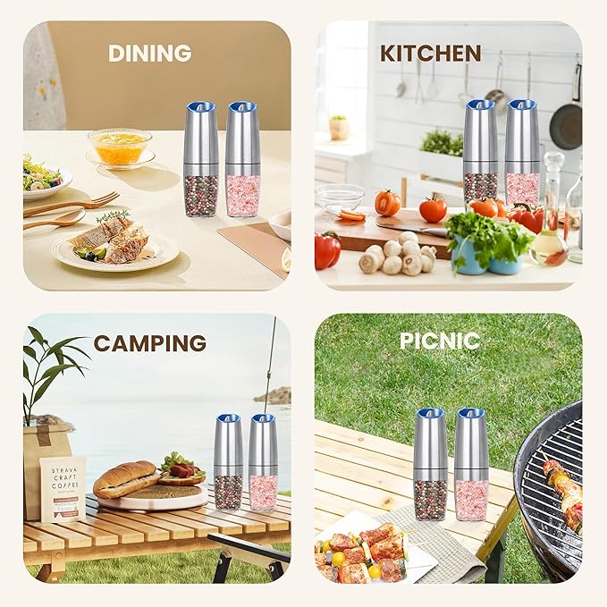 Gravity Electric Salt And Pepper Grinder Set, Automatic Salt And Pepper Grinder Set, Battery Powered (6 AAA Batteries Each), Adjustable Roughness, LED Light, 2 Pack, (Silver)