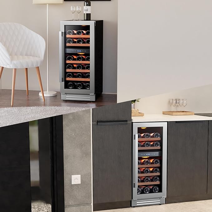 Ca'Lefort 15 Inch Wine Fridge, 28 Bottle Wine Cooler Refrigerator, 40-65°F Wine Refrigerator Glass Door, 3 LED Dual Zone Wine Fridge, Built-in or Freestanding Fridge for Home/Bar/Kitchen (3.0 cu.ft)