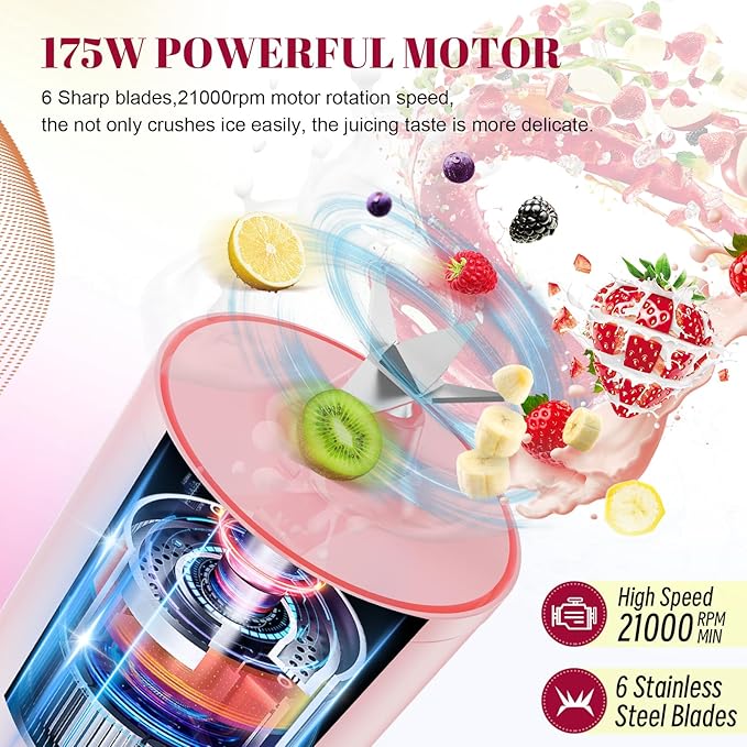 Portable Personal Blender 17 OZ/500 ML Juicer, 175W Personal Size Blender, Ideal for Smoothies, Ice Blending, Juicing, and Food Processing, Compact, Convenient, and Versatile (Pink)