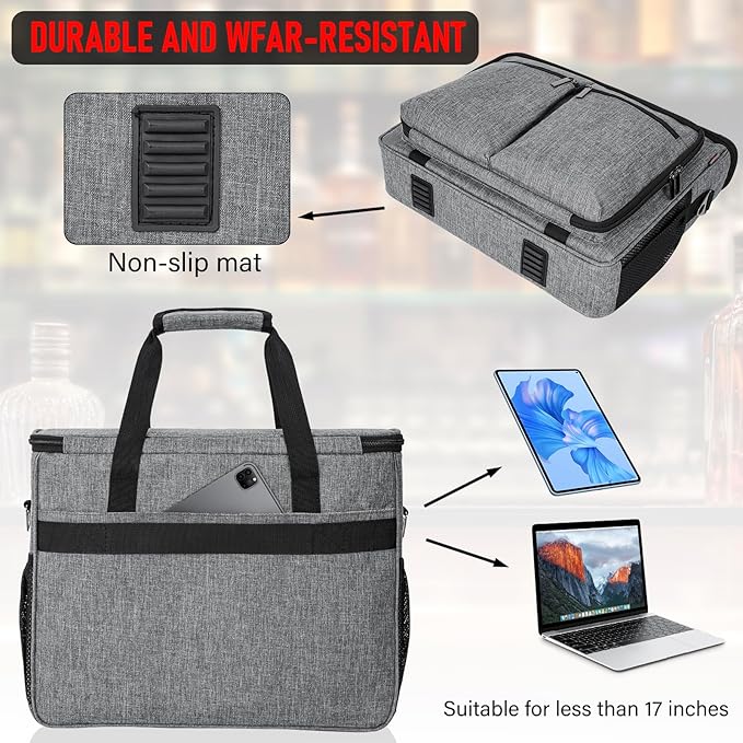Bartender Bag, Bartender Kit Travel Bag for Cocktail Shaker Set, Portable Carrying Case with Compartments for Wine Bottles, for Travel Home Indoor Outdoor Party(Bag Without Tools)