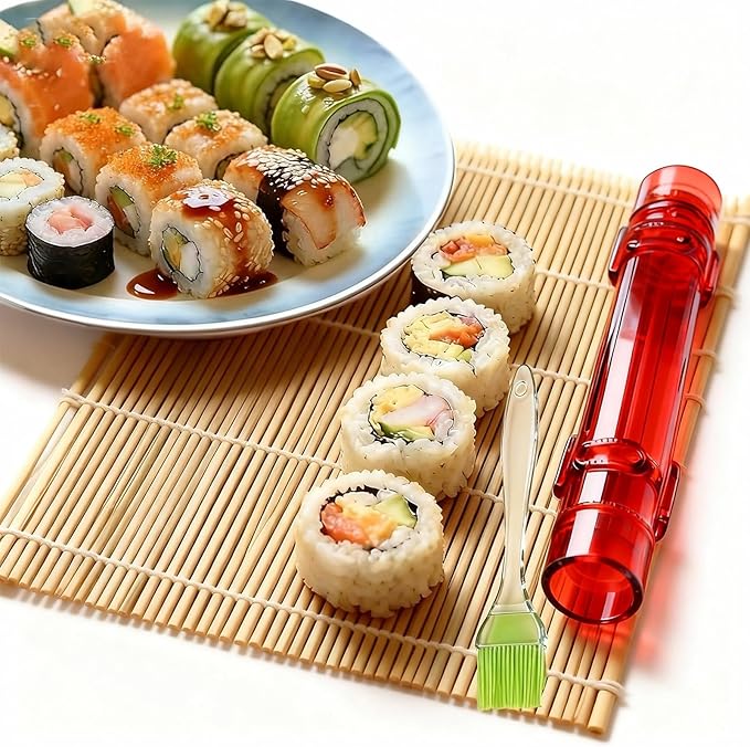 Sushi Making Kit – Clear Sushi Bazooka Roller & Bamboo Sushi Rolling Mat, Easy DIY Sushi Maker Tool Set for Beginners, Homemade Sushi Rolls for Kitchen & Party (Clear Red)