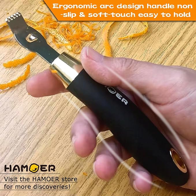 Lemon Zester Tool with Channel Knife Citrus Twist Making Tool Ergonomic Curved Handle Gold-Black