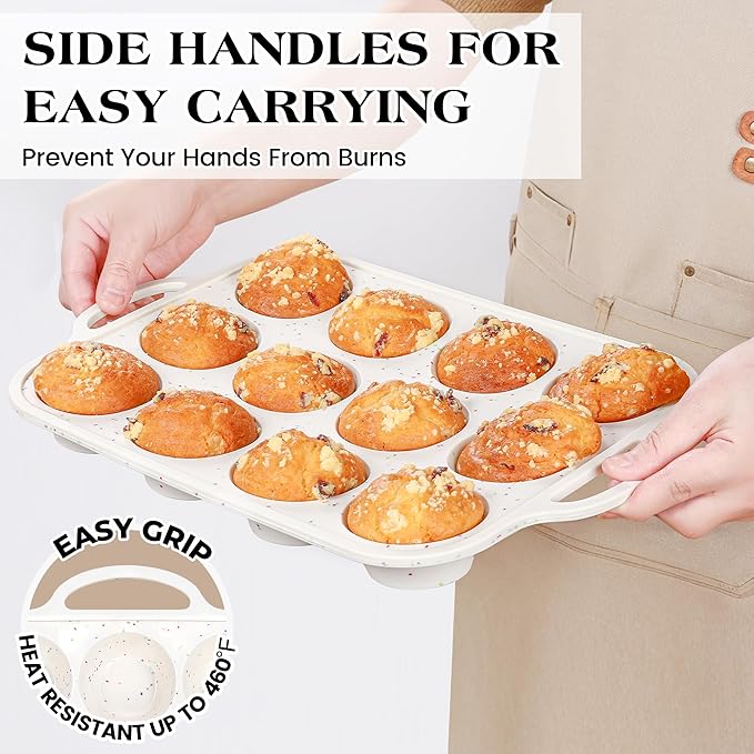 3 Pcs Silicone Baking Pan Set - Including 1 Pc Mini Loaf Pan, Standard Muffin Pan and Mini Muffin Pan - Silicone Cupcake Molds With Metal Reinforced Frame (Cream)