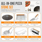 Tenovu Supply 6 Piece Pizza Stone for Oven and Grill with 13" Black Cordierite Stone, Metal Holder/Rack, Stainless Steel Peel, Dough Cutter, Cutter Rocker, and Server - Pizza Oven Accessories