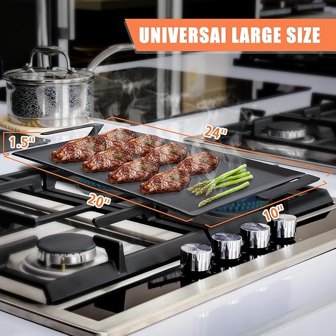 24'' Carbon Steel Griddle, Professional Pre-seasoned Cookware for Double Burner Stovetop and Gas/Charcoal Grill, Heavy Duty Dual-Handle Large Family Size Griddle