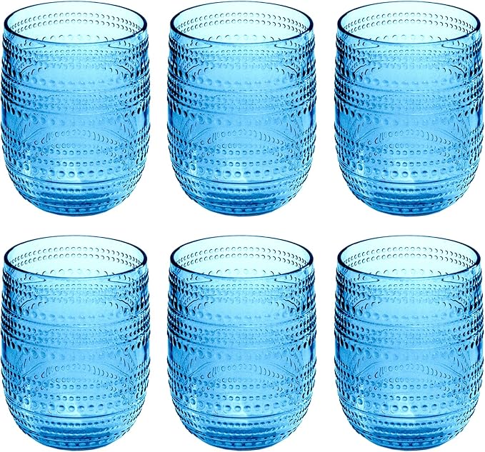Beaded 15 oz Durable Acrylic Stemless Wine Glasses, Shatter-Resistant and Dishwasher-Safe Indoor/Outdoor Drinkware, Glass for Wine, Sangria, and Spritzers - Cobalt Blue - Set of 6