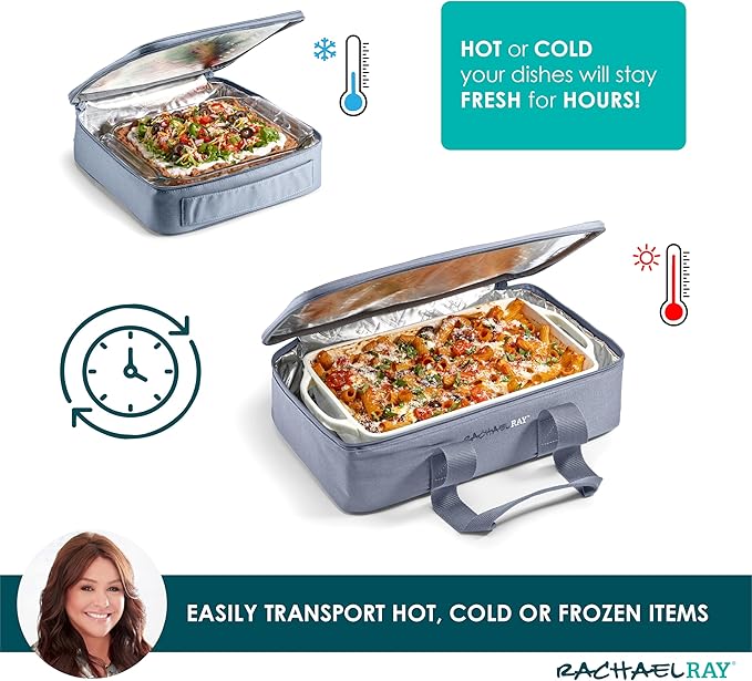 Rachael Ray Lugger Duo, Insulated Casserole Carrier for Hot or Cold Food, Thermal Lasanga Lugger Tote for Potluck, Parties, Picnic, and Cookouts, Fits 9" x 13" Baking Dish, Slate Stripe