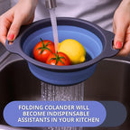 Blue Round Silicone Collapsible Colander – Silicone Round Kitchen Strainers with Plastic Handles Foldable Small Kitchen Strainer Perfect for Draining Pasta Vegetable and Fruit