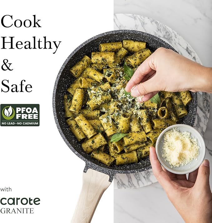 CAROTE Non Stick Frying Pan Skillet, Omelet Pan, Healthy Non Toxic Granite Chef Pan, Induction Compatible Egg Frying Pan with Heat-Resistant Handle, PFOA-Free,Black, 12"