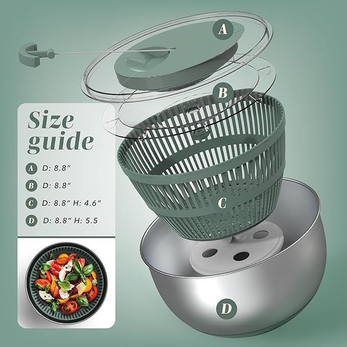 COOK WITH COLOR Stainless Steel Salad Spinner - 5 Qt. Lettuce Washer And Vegetable Spinner Dryer for Easy Salad Prep - Non Slip Base with Pull Handle - Auto Stop Brake System, Stain and Odor Resistant