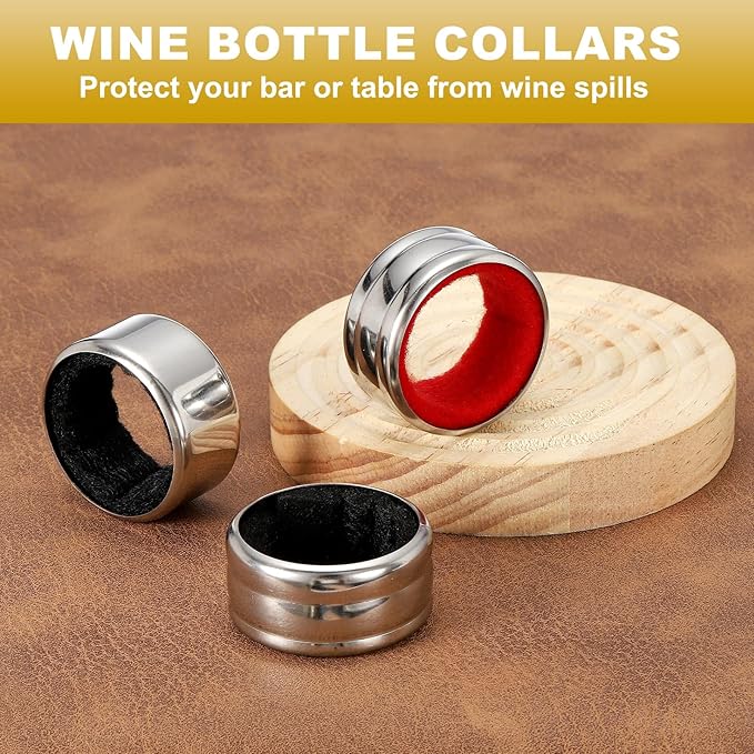 PATIKIL 12 Pcs Wine Bottle Collars, Stainless Steel & Velvet Felt Bottle Drip Ring Anti-overflow Wine Drip Catcher Accessories for Kitchen Bar Party Beverage, Black (Regular)