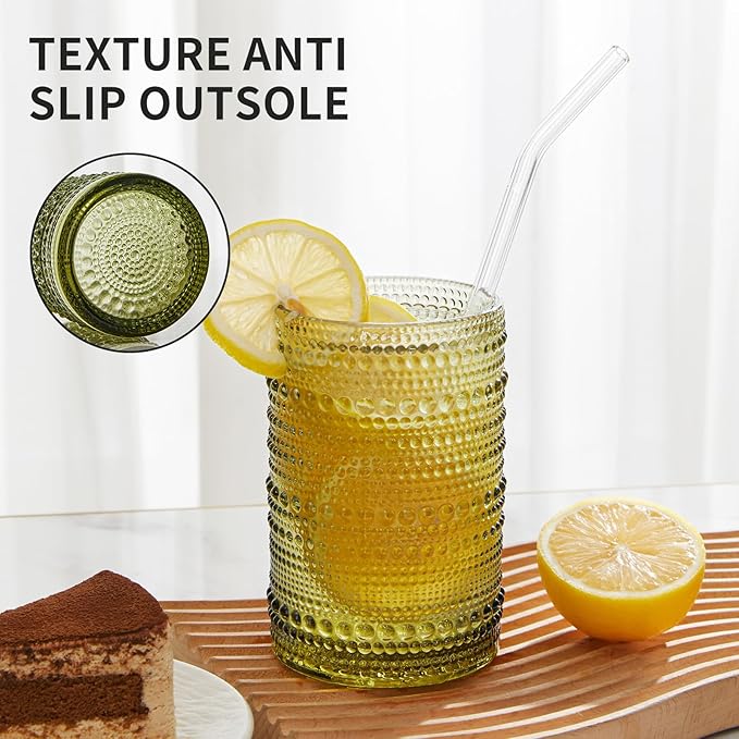 HomeVogue Hobnail Drinking Glasses Set of 6,15 oz Vintage Glassware Set Cocktail Glass Set, Embossed Green Water Tumbler,for Beer, Whiskey,Juice and Various Mixed Drinks (15oz Green)